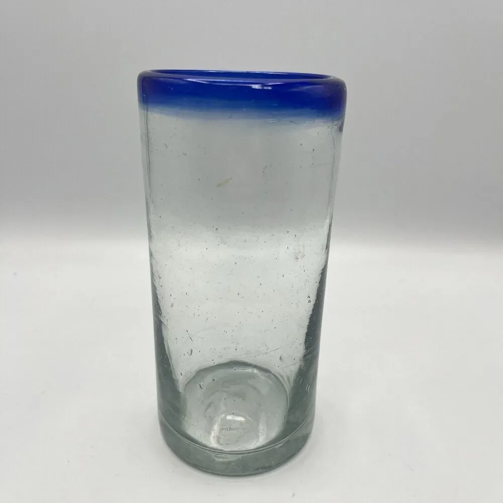 Hand Blown Cobalt Blue Rim Mexican Bubble Glass
